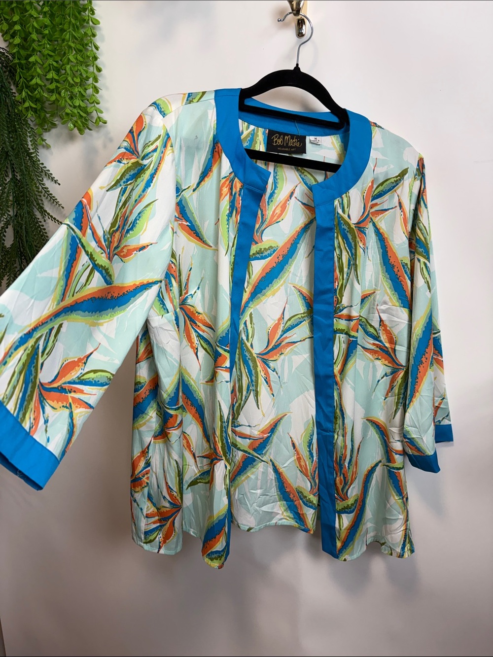 Bob Mackie Aqua Tropical-Print Open Front Jacket with Bright Blue Trim